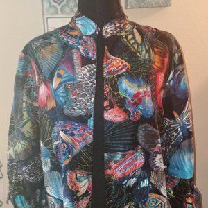 Chico's Silk Butterfly Print Open Jacket Size 1  Multicolor